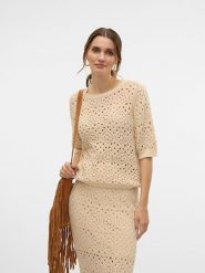 Vero Moda Sweter w kolorze beżowym rozmiar: XS. Brązowe swetry Vero Moda, xs, bez wzorów, z bawełny, bez ramiączek. Za 66.00 zł.