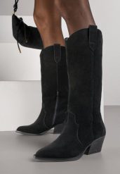 Czarne Kozaki Typu Kowbojki na Stożku z Naturalnego Zamszu Adeora. Czarne kozaki Renee, z jeansu, bez obcasa, na obcasie, bez zapięcia. Za 299.99 zł.