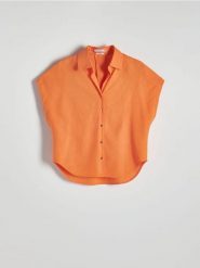Koszula z lnem - pomarańczowy. Brązowe koszule Reserved, l, bez wzorów, z wiskozy, bez kołnierzyka, bez ramiączek. W wyprzedaży za 49.99 zł.