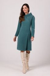 Dzianinowa Sukienka z Wywijanym Kołnierzem - Turkusowa. Niebieskie sukienki MOE, l, bez wzorów, z bawełny, bez kołnierzyka, bez ramiączek. Za 314.90 zł.