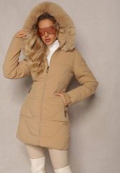 Ciemnobeżowa Pikowana Kurtka z Kapturem i Ozdobnym Futerkiem Zepiola. Brązowe kurtki narciarskie Renee, l, bez wzorów, z jeansu, z kapturem, narciarskie. Za 169.99 zł.