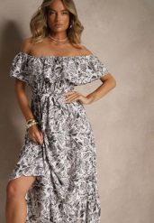 Ciemnoszara Kwiatowa Sukienka Typu Hiszpanka z Bawełną Tiarice. Szare sukienki Renee, na co dzień, na lato, l, bez wzorów, z bawełny, eleganckie, bez kołnierzyka, bez ramiączek, maxi, proste. Za 54.99 zł.