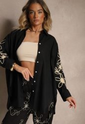 Czarna Koszula z Bawełny o Kroju Oversize z Kwiatowymi Aplikacjami Fadelya. Czarne koszule Renee, s, z aplikacjami, z bawełny, eleganckie, bez kołnierzyka, bez ramiączek. Za 74.99 zł.