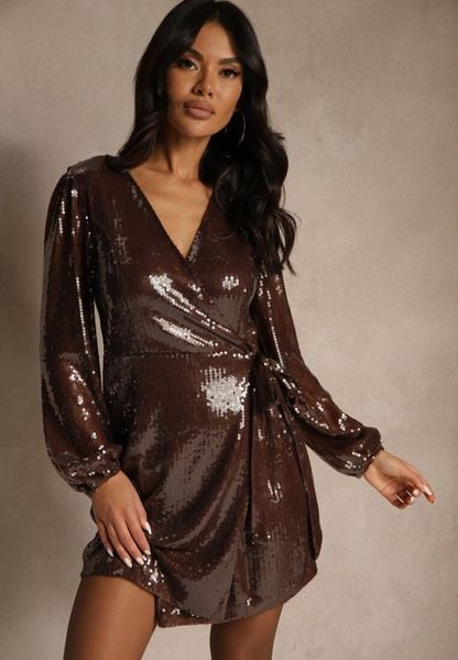 Brązowa Kopertowa Sukienka Zdobiona Cekinami i Wiązaniem w Talii Epravia. Brązowe sukienki Renee, na imprezę, l, z aplikacjami, eleganckie, bez kołnierzyka, bez ramiączek, mini, kopertowe. Za 199.99 zł.