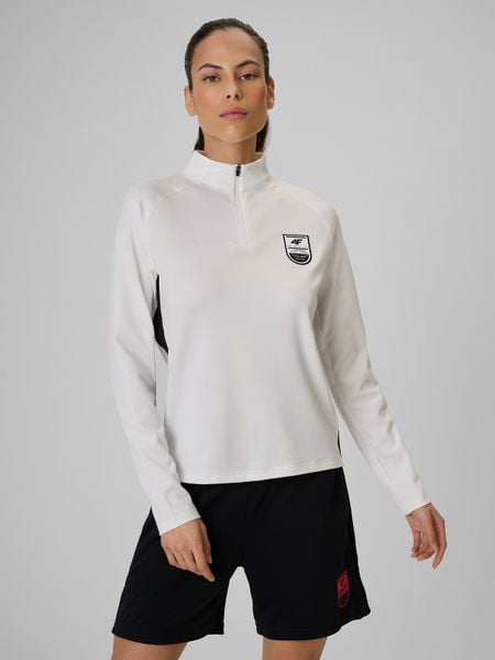 4F Bluza piłkarska regular szybkoschnąca damska - biała S. Białe bluzy 4f, s, bez wzorów, bez kaptura. W wyprzedaży za 119.99 zł.