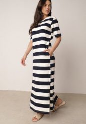 Biało-Czarna Pudełkowa Sukienka z Bawełny w Poziome Paski Diove. Białe sukienki Born2be, do pracy, l, bez wzorów, z bawełny, biznesowe, bez kołnierzyka, bez ramiączek, maxi, proste. Za 89.99 zł.