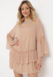 Beżowa Rozkloszowana Sukienka Mini z Dekoltem Ozdobionym Cyrkoniami i Falbanką Stevianta. Brązowe sukienki Born2be, m, bez wzorów, wizytowe, bez kołnierzyka, bez ramiączek, mini, rozkloszowane. Za 59.99 zł.