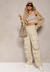 Jasnobeżowe Bawełniane Spodnie Bojówki High Waist Arcara. Brązowe spodnie materiałowe Renee, na co dzień, l, bez wzorów, z bawełny, z podwyższonym stanem. Za 119.99 zł.