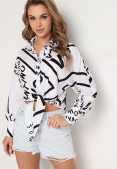 Biała Koszula z Wiązaniem Ozdobiona Napisami Vikmira. Białe koszule Born2be, l, bez wzorów, z bawełny, eleganckie, bez kołnierzyka, bez ramiączek. Za 54.99 zł.
