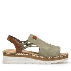 Sandały Rieker. Zielone sandały Rieker, bez wzorów, bez obcasa, na koturnie, bez zapięcia. Za 259.99 zł.