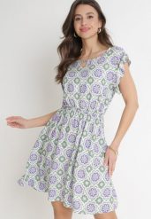 Zielono-Fioletowa Bawełniana Sukienka Mini z Gumką w Talii Caara. Zielone sukienki Born2be, l, bez wzorów, z bawełny, bez kołnierzyka, bez ramiączek, mini. Za 34.99 zł.