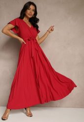 Bordowa Koktajlowa Maxi Sukienka Ozdobiona Plisami z Trójkątnym Dekoltem i Wiązaniem w Talii Phoelia. Czerwone sukienki Renee, na imprezę, l, bez wzorów, eleganckie, bez kołnierzyka, bez ramiączek, maxi. Za 79.99 zł.