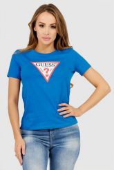 GUESS Niebieski t-shirt damski z dużym trójkątnym logo, Rozmiar XS. Niebieskie t-shirty Guess, s, z aplikacjami, bez kołnierzyka, bez ramiączek. W wyprzedaży za 109.99 zł.