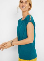 Koszulka boxy. Niebieskie bluzki bonprix, bez wzorów, z bawełny, bez kołnierzyka, bez ramiączek. Za 42.99 zł.