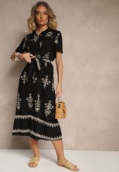 Czarna Koszulowa Sukienka z Wiskozy Ozdobiona Paskiem i Haftem Divirea. Czarne sukienki Renee, na co dzień, m, z aplikacjami, z materiału, eleganckie, bez kołnierzyka, bez ramiączek, midi, koszulowe. Za 109.99 zł.