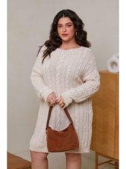 Curvy Lady Sukienka dzianinowa w kolorze beżowym rozmiar: 44/46. Brązowe sukienki Curvy Lady, bez wzorów, z dzianiny, klasyczne, bez kołnierzyka, bez ramiączek, midi. Za 118.56 zł.