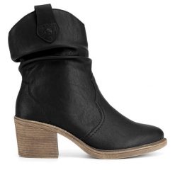Kowbojki Rieker. Czarne botki Rieker, bez wzorów, bez obcasa, na słupku, bez zapięcia. Za 295.99 zł.
