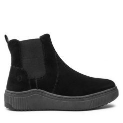 Botki Tamaris. Czarne botki Tamaris, bez wzorów, bez obcasa, na płaskiej podeszwie, bez zapięcia. Za 569.99 zł.