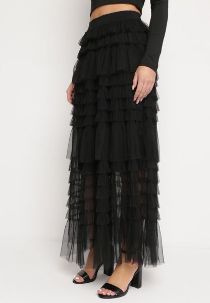 Czarna Bawełniana Spódnica Maxi z Siateczki Ozdobiona Falbankami Acael. Czarne spódnice Born2be, na spacer, na lato, bez wzorów, z bawełny, maxi, dopasowane. Za 69.99 zł.