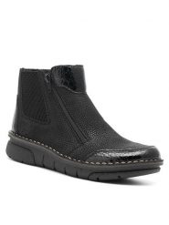 Rieker Botki 73355-00 Czarny. Czarne botki Rieker, bez wzorów, ze skóry, bez obcasa, na płaskiej podeszwie, bez zapięcia. Za 349.99 zł.