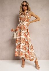 Beżowa Rozkloszowana Sukienka z Ozdobnymi Naszyciami na Dekolcie w Abstrakcyjni Print Flubia. Brązowe sukienki Renee, na spotkanie biznesowe, na lato, l, z aplikacjami, eleganckie, bez kołnierzyka, bez ramiączek, maxi, kopertowe. Za 69.99 zł.