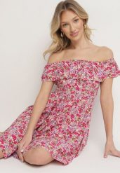 Różowa Sukienka z Bawełny Typu Hiszpanka z Falbankami w Kwiaty Aenne. Czerwone sukienki Born2be, na imprezę, na lato, m, bez wzorów, z bawełny, eleganckie, bez kołnierzyka, bez ramiączek, mini. Za 34.99 zł.
