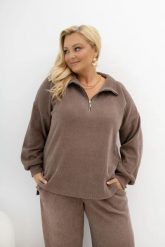 Oversizowa prążkowana bluza Good Day Ahead z kołnierzem i zamkiem w kolorze taupe/chłodna mokka Plus Size Oversize. Białe bluzy Moda Size Plus Iwanek, l, bez wzorów, z dzianiny, bez kaptura. Za 219.90 zł.