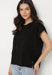 Czarny T-shirt z Bawełny Ozdobiony Rozcięciami przy Rękawach Katirna. Czarne t-shirty Born2be, bez wzorów, z bawełny, bez kołnierzyka, bez ramiączek. Za 64.99 zł.