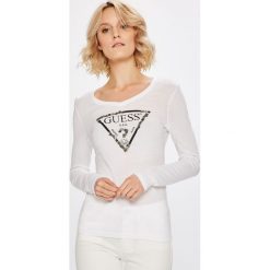 Guess Jeans - Bluzka. Białe bluzki Guess Jeans, m, z aplikacjami, z bawełny, casualowe, bez kołnierzyka, bez ramiączek. W wyprzedaży za 159.90 zł.