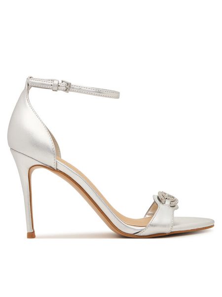 Guess Sandały FLJKBB LEL03 Srebrny. Szare sandały Guess, z aplikacjami, ze skóry, bez obcasa, na szpilce, bez zapięcia. Za 418.99 zł.