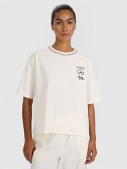 4F T-shirt oversize z nadrukiem damski - biały S. Białe koszulki sportowe 4f, bez wzorów, z bawełny, bez ramiączek. W wyprzedaży za 49.99 zł.