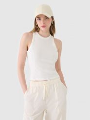 4F Top slim z prążkowanej dzianiny damski - biały XS. Białe topy 4f, xs, bez wzorów, z bawełny, bez kołnierzyka, bez ramiączek. Za 29.99 zł.