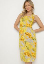 Żółta Sukienka w Kwiaty o Rozkloszowanym Kroju na Szerokich Ramiączkach Naivoriel. Żółte sukienki Born2be, na co dzień, l, bez wzorów, z zamszu, eleganckie, bez kołnierzyka, bez ramiączek, midi, rozkloszowane. Za 39.99 zł.
