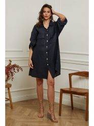 Plume Lniana sukienka "Calizia" w kolorze granatowym rozmiar: XL. Niebieskie sukienki Plume, xl, bez wzorów, ze lnu, bez kołnierzyka, bez ramiączek, mini. Za 205.93 zł.