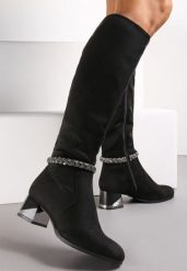 Czarne Kozaki z Imitacji Zamszu z Paskiem z Cyrkonii i Metalicznym Słupkiem Grettamia. Czarne kozaki Renee, na jesień, bez obcasa, na obcasie, bez zapięcia. Za 124.99 zł.