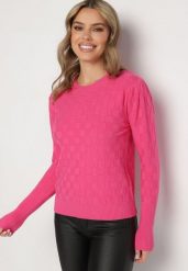 Fuksjowy Sweter z Wiskozą Modalem i Ozdobnym Splotem Jaliti. Czerwone swetry Born2be, m, bez wzorów, z jeansu, bez ramiączek. Za 69.99 zł.