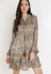 Beżowa Sukienka Chrysastis. Brązowe sukienki Born2be, l, z aplikacjami, bez kołnierzyka, bez ramiączek, mini. Za 129.99 zł.