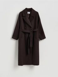 Płaszcz z domieszką wełny - ciemnobrązowy. Brązowe płaszcze Reserved, l, bez wzorów, z tkaniny, bez kaptura. Za 299.99 zł.