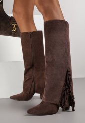 Brązowe Kozaki na Słupku z Wywiniętą Cholewką z Frędzlami Linadela. Brązowe kozaki Born2be, z jeansu, bez obcasa, na obcasie, bez zapięcia. Za 179.99 zł.