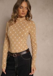 Beżowa Bluzka Longsleeve Półgolf z Bawełny Ozdobiona Geometrycznym Nadrukiem Zantila. Brązowe bluzki Renee, l, bez wzorów, z bawełny, eleganckie, bez kołnierzyka, bez ramiączek. Za 49.99 zł.