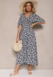 Granatowa Sukienka Rozkloszowana o Kopertowym Kroju w Kwiatowy Print Borriz. Niebieskie sukienki Renee, na co dzień, na wiosnę, l, bez wzorów, eleganckie, bez kołnierzyka, bez ramiączek, maxi, kopertowe. Za 54.99 zł.