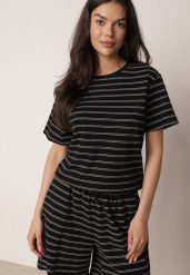 Czarny Bawełniany T-shirt w Poziome Paski Rive. Czarne t-shirty Born2be, l, bez wzorów, z bawełny, bez kołnierzyka, bez ramiączek. Za 59.99 zł.