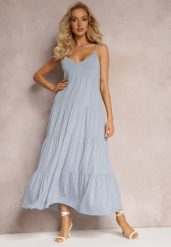 Jasnoniebieska Bawełniana Sukienka Maxi z Wiązanymi Ramiączkami i Rozkloszowaną Falbaną Mariones. Niebieskie sukienki Renee, na co dzień, l, bez wzorów, z bawełny, eleganckie, bez kołnierzyka, bez ramiączek, maxi, proste. Za 109.99 zł.