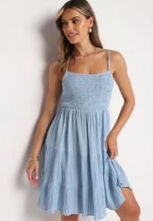 Niebieska Rozkloszowana Sukienka na Ramiączkach z Gumkami w Talii Ageridia. Niebieskie sukienki Born2be, na spotkanie biznesowe, l, bez wzorów, eleganckie, bez kołnierzyka, bez ramiączek, mini, dopasowane. Za 74.99 zł.