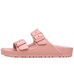 Klapki Birkenstock Arizona Eva Damskie. Czerwone klapki Birkenstock, bez wzorów, z materiału, bez obcasa. Za 272.30 zł.