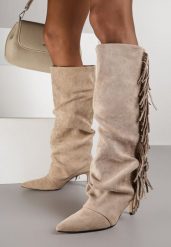 Ciemnobeżowe Kozaki na Szpilce w Stylu Boho Ozdobione Frędzlami Mevinavia. Brązowe kozaki Renee, na lato, z jeansu, bez obcasa, na obcasie, bez zapięcia. Za 199.99 zł.