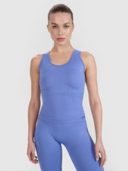 4F Top treningowy slim bezszwowy damski 4F x Anna Lewandowska - niebieski XXS/XS. Niebieskie koszulki sportowe 4f, bez wzorów, z dzianiny, bez ramiączek, do biegania. Za 99.99 zł.