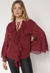 Bordowa Bluzka w Rustykalnym Stylu z Wiązaniem i Falbankami Nenarea. Czerwone bluzki Born2be, l, bez wzorów, z jeansu, biznesowe, bez kołnierzyka, bez ramiączek. Za 109.99 zł.