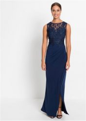 Długa sukienka z koronką. Niebieskie sukienki bonprix, bez wzorów, z koronki, eleganckie, bez kołnierzyka, bez ramiączek, maxi. Za 239.99 zł.