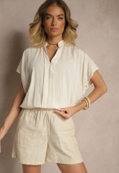 Beżowa Bluzka Oversize z Wiskozą o Kroju Nietoperz z Dekoltem w Serek Davithiel. Brązowe bluzki Renee, bez wzorów, z jeansu, eleganckie, bez kołnierzyka, bez ramiączek. W wyprzedaży za 59.49 zł.